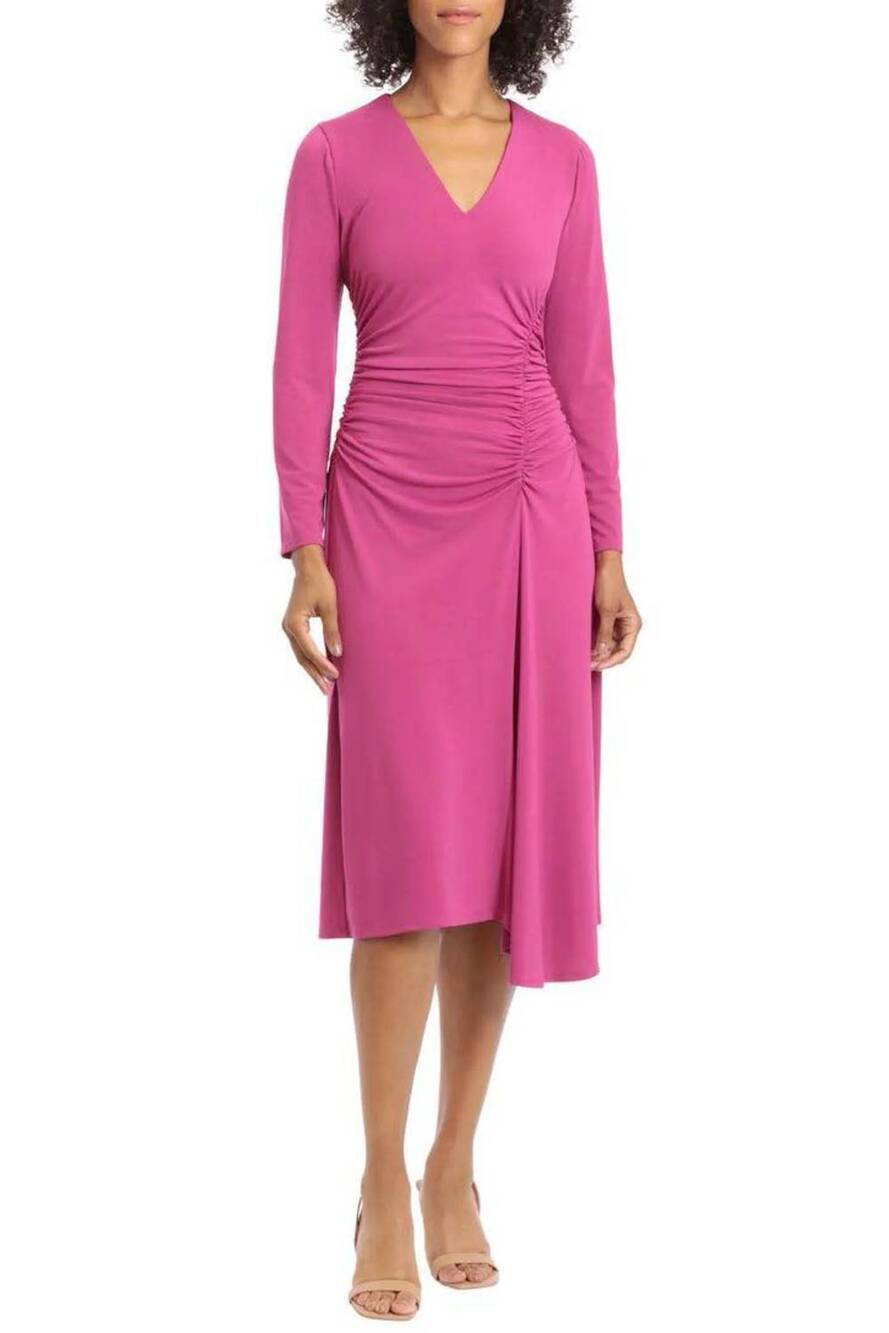 NEW MAGGY LONDON waist gather long sleeve midi a-line dress in festival fuchsia